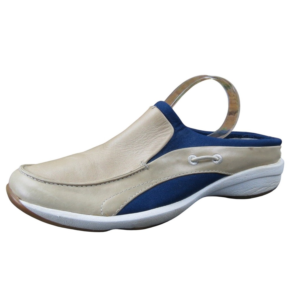 Liz Sport Reality Women 7.5 Beige Navy Leather Textile Slip-On Comfort Mules